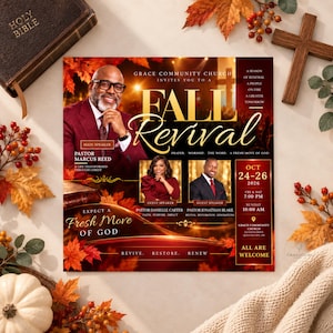 May include: A square flyer for a Fall Revival church event featuring photos of three speakers, text details including dates October 24-26, 2026, and the title Fall Revival, set against a background of autumn leaves, a Bible, a wooden cross, and a pumpkin.