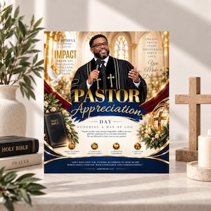 Peut inclure: Un dépliant pour la journée d'appréciation du pasteur montrant un homme en robe noire tenant un micro. Le texte indique Pastor Appreciation Day, Honoring a Man of God, avec des versets bibliques sur un fond doré et bleu.