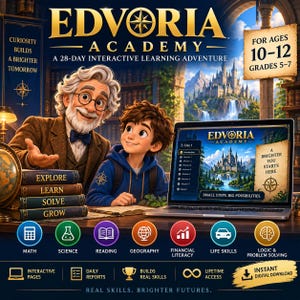 May include: Edvoria Academy interactive learning adventure for ages 10-12, grades 5-7. Features an elderly man and a child, a laptop displaying the program interface, and icons for math, science, reading, geography, finance, life skills, and logic.