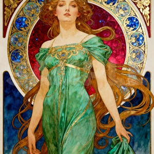 May include: An illustration of a figure with long wavy auburn hair wearing a flowing emerald green gown with gold trim. The figure is framed by a circular decorative border featuring blue and gold floral patterns against a deep red background.