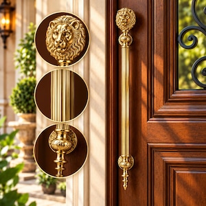 36 Inch Brass Lion Head Door Pull, Solid Brass Entry Door Handles, Ornate Luxury Double Door Hardware, Victorian Front Door Pulls