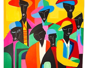 Una banda - Pintura acrílica original, retrato artístico audaz y colorido al estilo africano