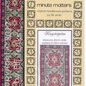 May include: A needlepoint pattern for a small rug with a floral design. The pattern is called "King-steignton" and measures 1.77 inches wide. It is worked on 22 count canvas. The pattern is from "minute matters" original needlework patterns by Eli Jenks.