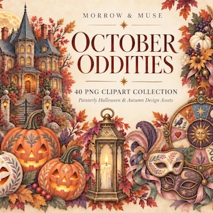 Halloween Clipart Bundle – 40 Painterly PNGs, Seamless Patterns & Digital Papers