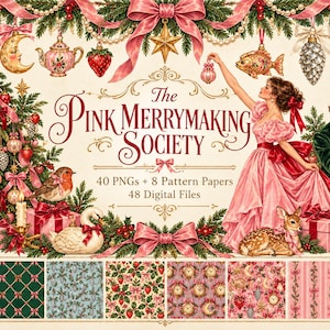 Puede incluir: Un conjunto gráfico digital titulado The Pink Merrymaking Society que incluye 40 PNG y 8 papeles con patrones. La imagen muestra un árbol de Navidad decorado, una persona con vestido rosa, una persona con traje, un perro, un ciervo y un conejo.
