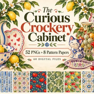 Pottery Clipart Bundle, 52 Whimsical Ceramic PNGs, Mediterranean Kitchen Art, 8 Pattern Papers