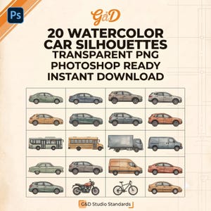 Könnte beinhalten: Eine digitale Sammlung von 20 Aquarell-Auto-Silhouetten im transparenten PNG-Format, die verschiedene Fahrzeuge wie Limousinen, SUVs, einen Bus, einen Schulbus, einen LKW, einen Transporter, ein Motorrad und ein Fahrrad zeigt, beschriftet mit 20 WATERCOLOR CAR SILHOUETTES.