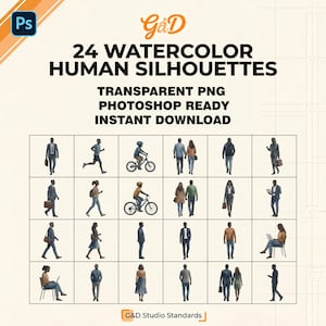 May include: A digital collection of 24 watercolor human silhouettes featuring various people in casual and professional attire, including individuals walking, running, cycling, and sitting, presented as transparent PNG files for Photoshop use.