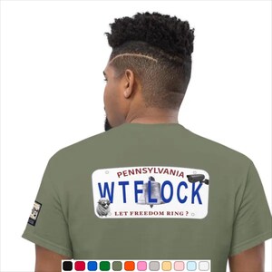 Pennsylvania WTFLOCK Novelty Plate-tröja | Design fram och bak | Anti-flockkamera, Anti-ALPR, vit platta för mörka tröjor