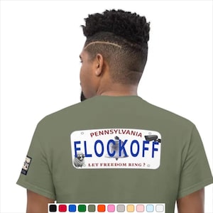 Camiseta con diseño de placa novedosa FLOCKOFF de Pensilvania / Diseño frontal y posterior / Placa blanca de Pensilvania para camisetas de colores oscuros / Anti Flock Camera, Anti ALPR.