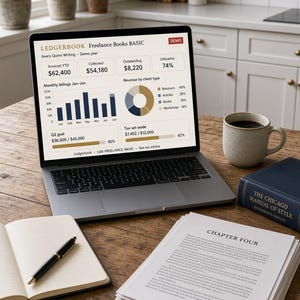 Può includere: Un portatile mostra una dashboard Ledgerbook Freelance Books BASIC con dati finanziari, un grafico a barre, un grafico a torta e il testo Avery Quinn Writing. Accanto si trovano una tazza di caffè, un taccuino con penna e un libro intitolato The Chicago Manual of Style.
