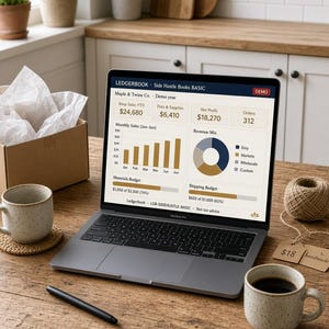 May include: A laptop displaying a Ledgerbook Side Hustle Books BASIC dashboard with financial data, including shop sales, net profit, and revenue mix charts. The screen shows Maple & Twine Co. demo year statistics alongside a black pen and two mugs.