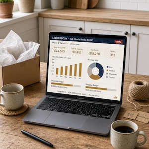 Può includere: Un portatile che mostra una dashboard Ledgerbook Side Hustle Books BASIC con dati finanziari, inclusi vendite, utile netto e grafici dei ricavi. Lo schermo mostra le statistiche di Maple & Twine Co. accanto a una penna nera e due tazze.