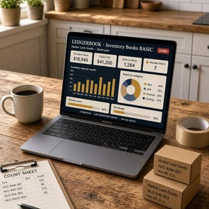 Può includere: Un portatile che mostra una dashboard di inventario Ledgerbook con grafici, una cartellina con un foglio di conteggio e una penna, due scatole di cartone impilate Harbor Lane Goods e una tazza in ceramica su un tavolo di legno.