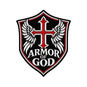 May include: A shield-shaped embroidered patch featuring a black background with a red cross at the center, flanked by two white feathered wings. The text ARMOR OF GOD is embroidered in white capital letters at the bottom of the shield design.