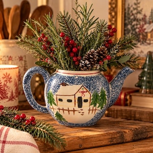 Blue White Ceramic Teapot Without Lid Cottagecore Decorative Teapot Rustic Country House Tea Pot Farmhouse Kitchen Decor Repurpose