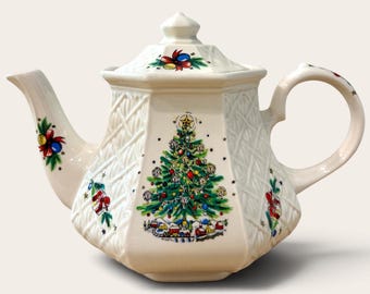 Théière vintage sapin de Noël, Salem, veille de Noël, décoration de cuisine champêtre, faïence anglaise
