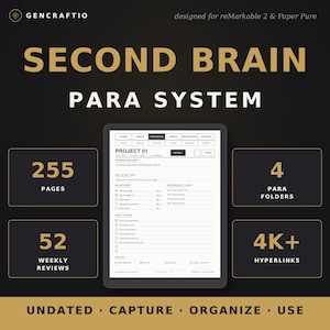 May include: A digital planner template for reMarkable 2 and Paper Pure tablets titled Second Brain Para System. It features 255 pages, 52 weekly reviews, 4 Para folders, and 4K+ hyperlinks. The layout includes project tracking, milestones, and task lists.