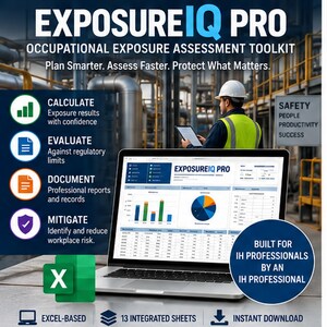 Peut inclure: Logiciel ExposureIQ Pro pour l'évaluation de l'exposition professionnelle affiché sur un écran d'ordinateur portable. L'interface présente des graphiques, des tableaux et des données. Le texte inclut Plan Smarter, Assess Faster, Protect What Matters.