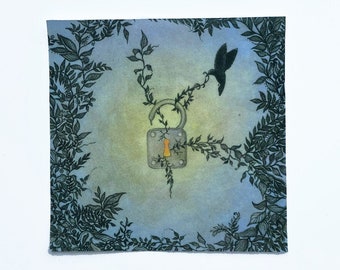 Fabric patch: recycled polyester, iron on & sew on, dye sublimation, fabric print, The Key, bird and lock and leaves, freedom, free nature