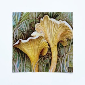 Peut inclure: Une peinture à l'aquarelle de deux chanterelles jaunes avec des détails complexes sur le fond.