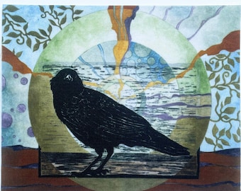 Fabric Patch: Crow,  recycled polyester print, iron on & sew on, dye sublimation, applique fabric panel, shipping included