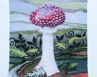 Fabric Patch: Red Mushroom, recycled polyester cloth panel, iron & sew on, machine washable, shipping included, Amanita