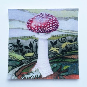 May include: A watercolor painting of a red and white mushroom with white spots on a green and brown background.