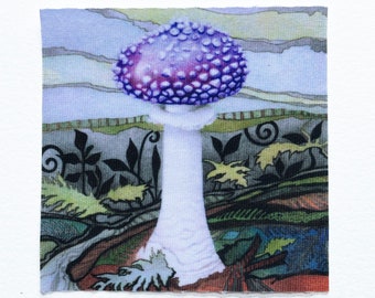 Fabric Patch: Purple Mushroom, recycled polyester cloth panel, iron & sew on, machine washable, shipping included, Purple Panthera