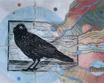 Fabric Patch: Crow Mojo, recycled polyester print, iron on & sew on, dye sublimation, applique fabric panel, shipping included