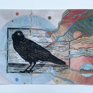 May include: A black and white print of a crow with a detailed background of abstract shapes and colors in shades of blue, green, brown, and pink.