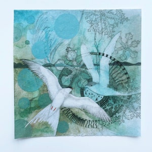 May include: A watercolor painting of a white bird with red markings on its wings flying through a blue and green abstract background with circles and patterns.