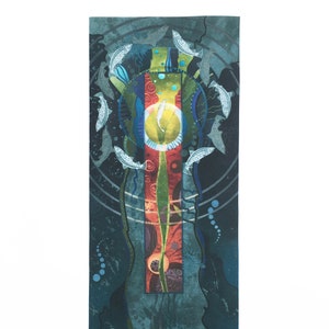 May include: Abstract painting with a central green, yellow, red, and blue vertical stripe surrounded by a circle of silver fish on a dark blue background.