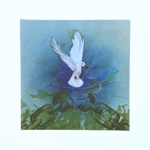 May include: A white dove with outstretched wings flies above a chain link fence. The dove is surrounded by a blue and green abstract design. The background is a light blue.