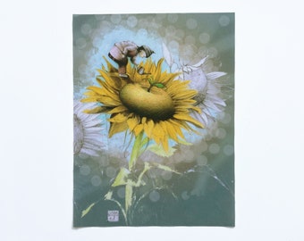 Fabric Patch: Sunflower, recycled polyester print,  iron & sew on, machine washable, applique fabric panel, shipping included
