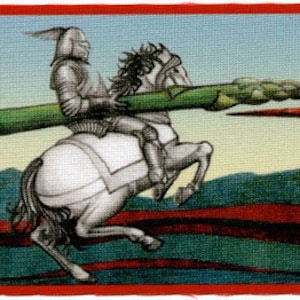 Fabric Patch: Knights jousting, recycled polyester print, iron on  & sew on, dye sublimation, applique fabric panel, shipping included