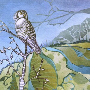 May include: A stylized painting of an owl perched on a branch with a blue and green background. The owl has white and gray feathers and yellow eyes. The background is abstract and features swirling patterns and shapes.