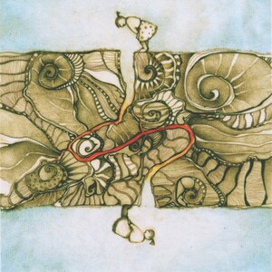May include: A hand-drawn illustration of two figures standing on a ledge, looking down at a swirling, abstract design in shades of brown and orange. The design is reminiscent of a landscape or a map.