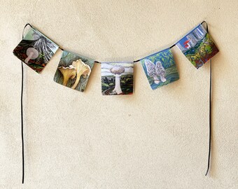 Mini Prayer Flags: 5 Shrooms, organic cotton, mushroom lovers gift, stocking stuffer, mailable gift