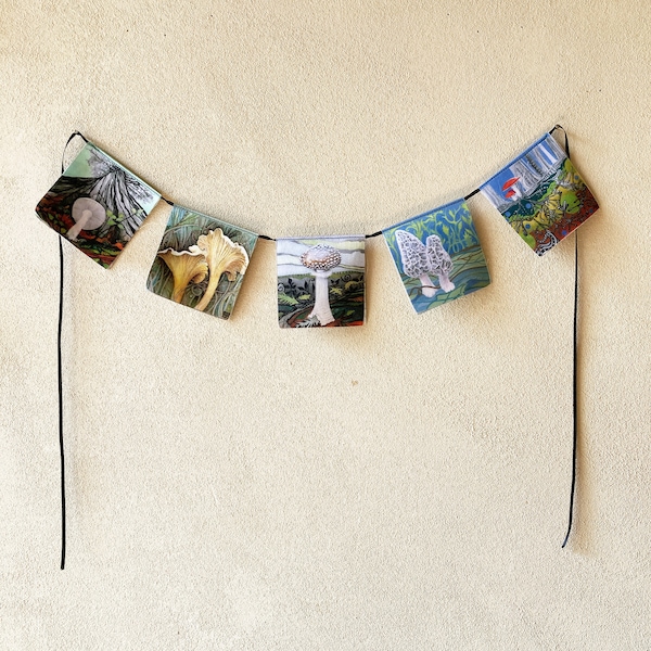Mini Prayer Flags: 5 Shrooms, organic cotton, mushroom lovers gift, stocking stuffer, mailable gift
