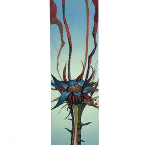 May include: A vertical bookmark featuring a stylized floral design. The flower has blue petals and a red and green center. Long, red and blue tendrils extend upwards against a light blue background. The stem is green with thorns.