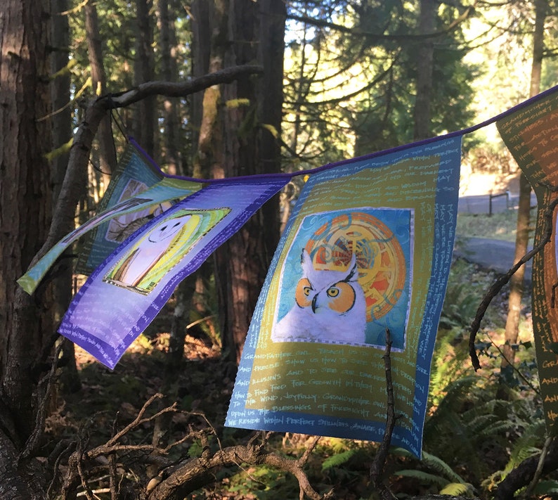 Prayer flags: OWLS- recycled polyester-fade resistant - eco friendly gift image 2