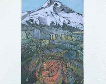 Fabric Patch: Volcano, recycled polyester, iron & sew on, fabric print, machine washable,  shipping included, Mt.Hood Oregon,