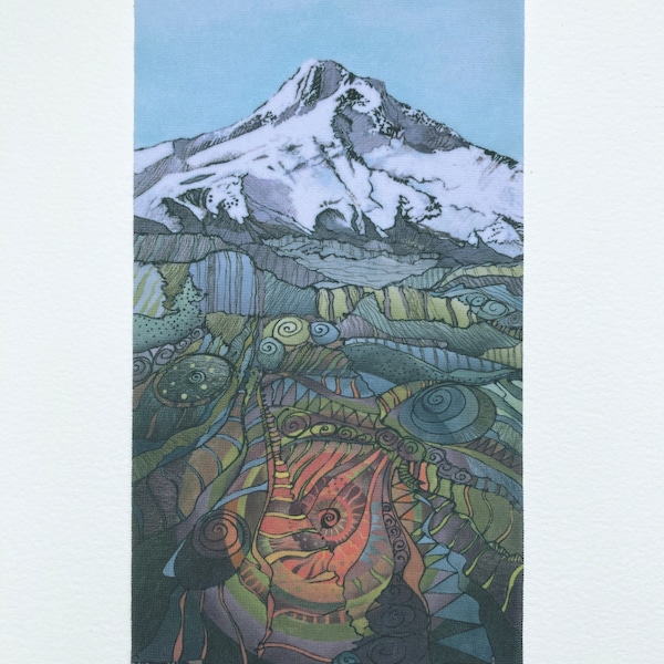 Fabric Patch: Volcano, recycled polyester, iron & sew on, fabric print, machine washable,  shipping included, Mt.Hood Oregon,