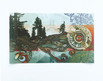 Fabric Patch: forest landscape, recycled polyester, iron & sew on applique fabric panel, machine washeable, shipping included