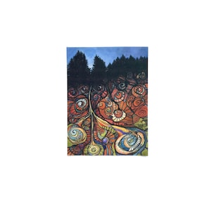 May include: A watercolor painting of a forest scene with a swirling, abstract design in the foreground. The design features a variety of colors, including red, orange, yellow, green, blue, and purple. The trees in the background are silhouetted against a blue sky.