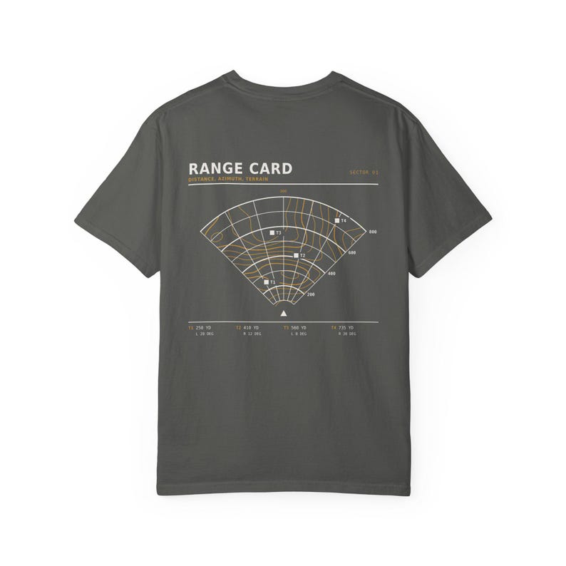 Range Card T-Shirt, Topographic Map Shooting Shirt, Long Range Hunting Back Print, Hunter Gift, Garment Dyed Heavyweight Tee image 16