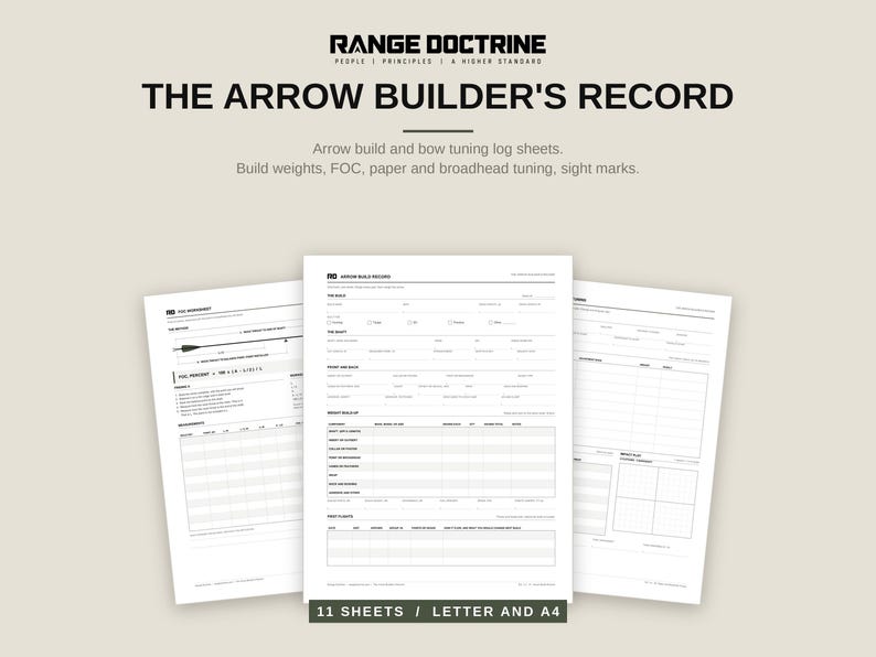 Printable Archery Log Book, Arrow Build and Bow Tuning Log Sheets PDF, FOC Worksheet, Sight Marks, Broadhead Tuning, Bowhunting Record image 1