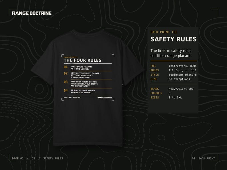 Camiseta con normas de seguridad para armas de fuego, camiseta para oficial de campo de tiro, estampado de seguridad en la espalda, regalo para instructor de tiro, camiseta de tejido grueso teñida en prenda. imagen 1