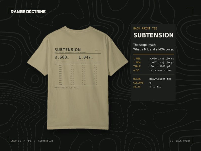 MIL MOA Reference T-Shirt, Long Range Shooting Shirt, Scope Math Back Print, Precision Rifle Gift, Garment Dyed Heavyweight Tee image 1